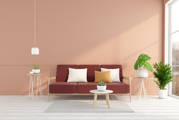 Минималистичная гостиная с диваном и тумбочкой, светло-оранжевая стена, белый деревянный пол. 3d рендеринг