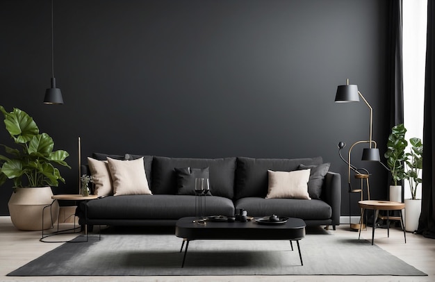 Foto salotto minimalista con divano e tavolo il colore dominante è il nero