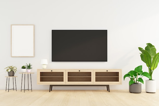 TV 캐비닛과 사이드 테이블, 흰색 벽, 녹색 식물이 있는 미니멀한 거실. 3d 렌더링