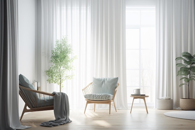 Minimalist living room with white curtains and a modern chair Generative AI