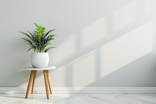 写真 木製のサイドテーブルに白い植物を飾ったミニマリストのリビングルーム