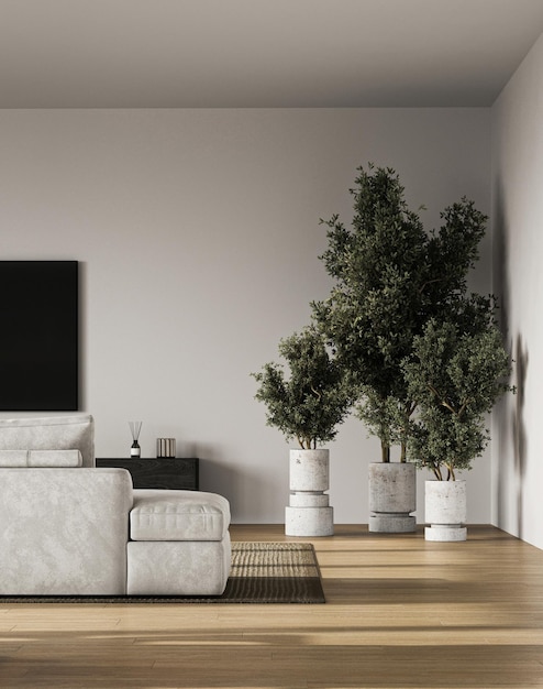 Photo minimalist living space with luxe sofa and potted olive trees modern home interior d render