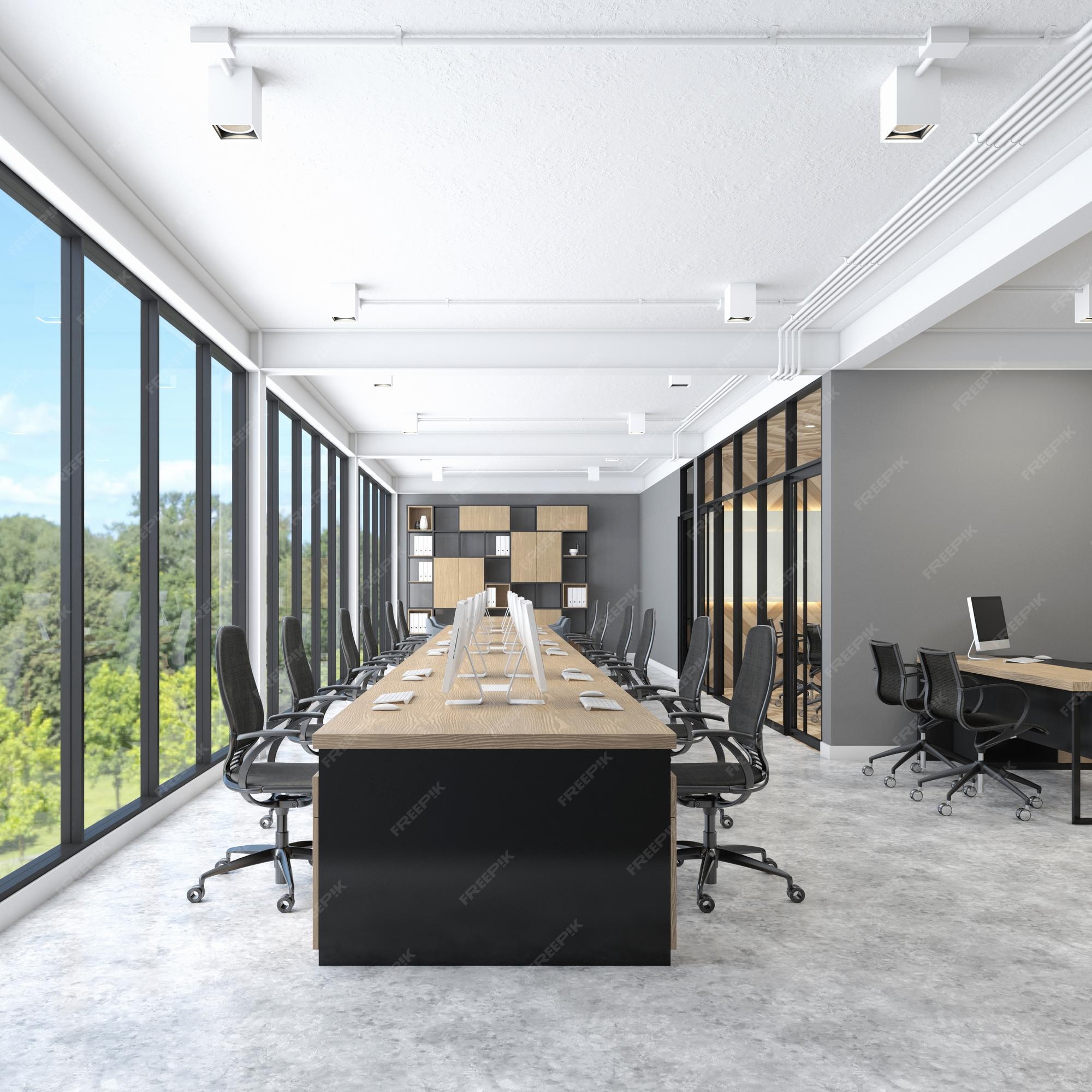 Premium Photo | Minimalist loft office room with wood desk frame window and  concrete floor 3d rendering