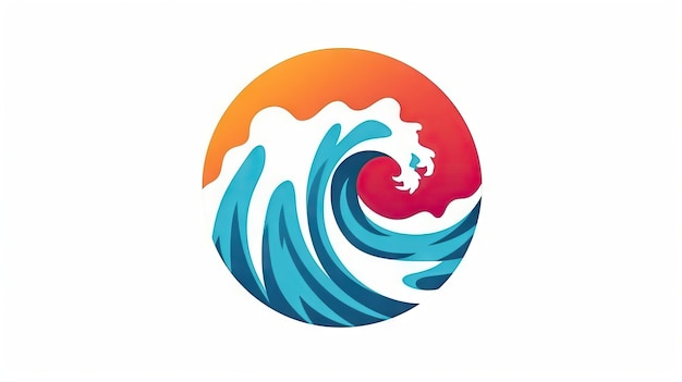 Foto illustrazione del logo minimalista di un oceano d'onda durante un viaggio al tramonto e un'avventura surf e acquatica