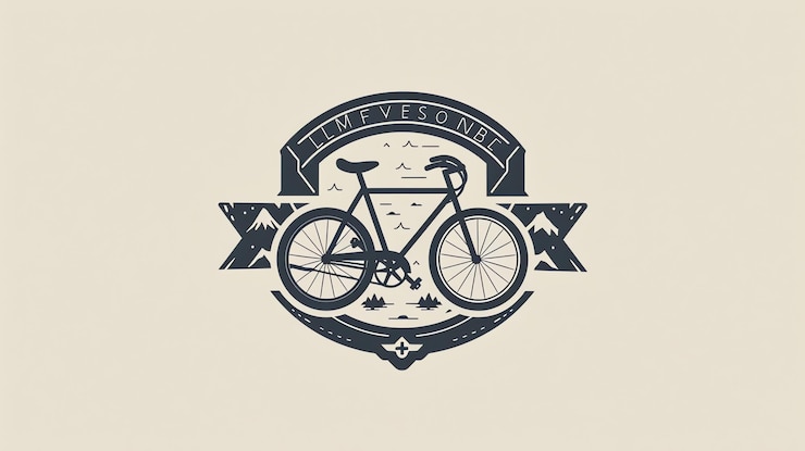 Photo 自転車のシルエットと山の風景を描いたミニマリストのロゴ