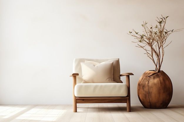 Minimalist Lounge Chair with Beige Burlap Against White Wall and Wooden Accents