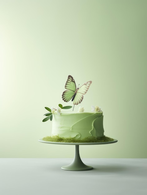 Minimalist luxury green style homemade sweets viridis cake on round plate with sugar figures of