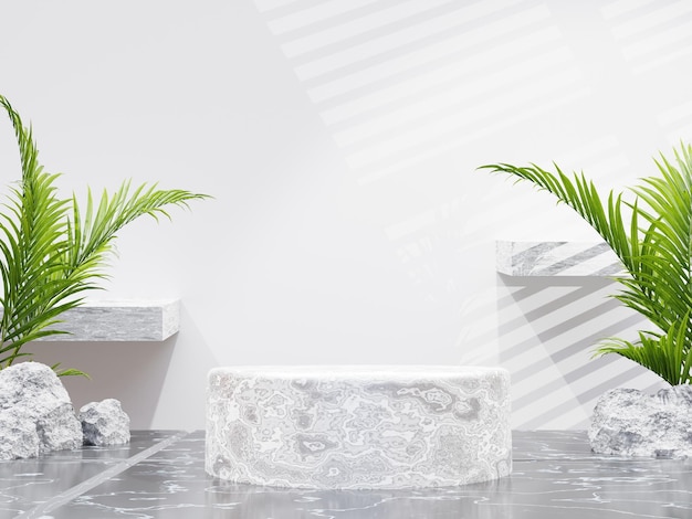 ヤシの植物の背景と灰色の3Dレンダリングのオープンカーテンでの製品プレゼンテーションのためのミニマリストの大理石の円の表彰台