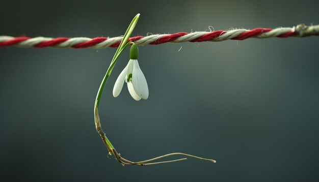 Photo a minimalist martisor with a single delicate snowdrop flower attached to a red and white string