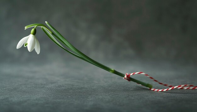 Photo a minimalist martisor with a single delicate snowdrop flower attached to a red and white string