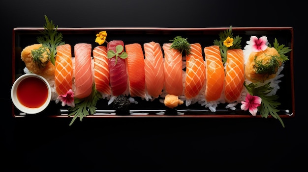 Foto l'essenza vivace del sushi contro l'oscurità estrema