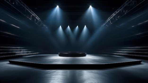 A minimalist matte black stage floating against a void creating a striking contrast