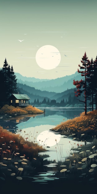 Minimalist Meadow House Illustration In Forest By The Lake