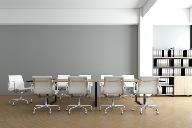 Minimalist meeting room with gray wall and wood floor 3d rendering