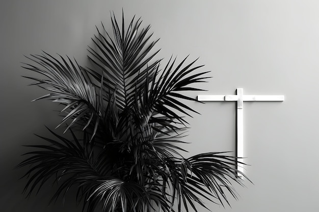 Minimalist Metal Sacred Cross and Monochrome Palm Leaves Dec Cross Palm Sunday Photo Christian Art