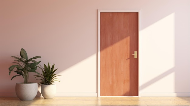 Minimalist Midcentury Door Frame With Pink Wall And Potted Plants