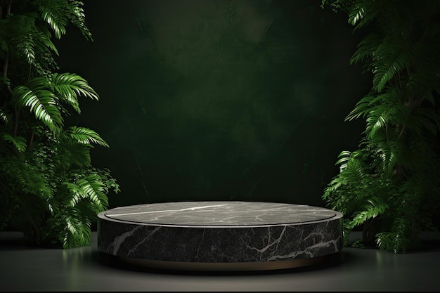 豪華で空いた大理石のポディウムと茂った緑のフォリを特徴とするミニマリストのモックアップテンプレート