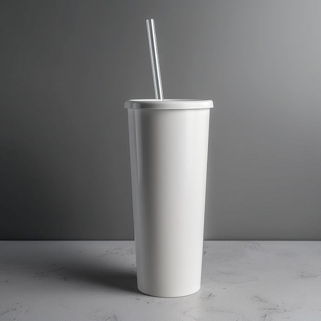 Minimalist Mockup White Skinny Tumbler with Grey Backdrop Generative AI