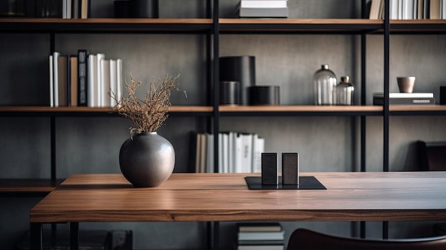 Minimalist Modern Desk With Vases And Bookshelves In A Library