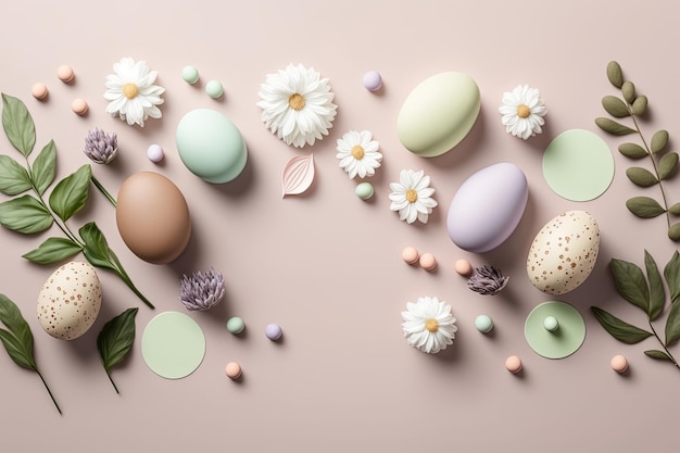 Minimalist modern Easter background with flowers and Easter eggs in pastel colors with lots of free space from above