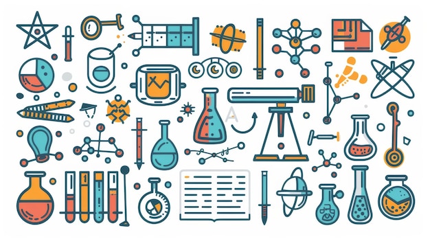 A minimalist modern illustration of scientific symbols scientist characters and instrument icons