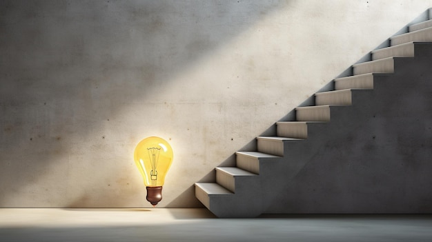 A minimalist and modern image of a floating light bulb casting a warm glow on a staircase