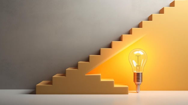 A minimalist and modern image of a floating light bulb casting a warm glow on a staircase