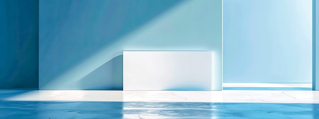 Minimalist modern interior design with elegant blue and white tones clean lines and light shadows