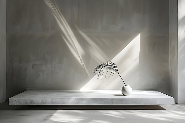 a minimalist modern interior with a sleek a solitary white vase and an elegant palm leaf