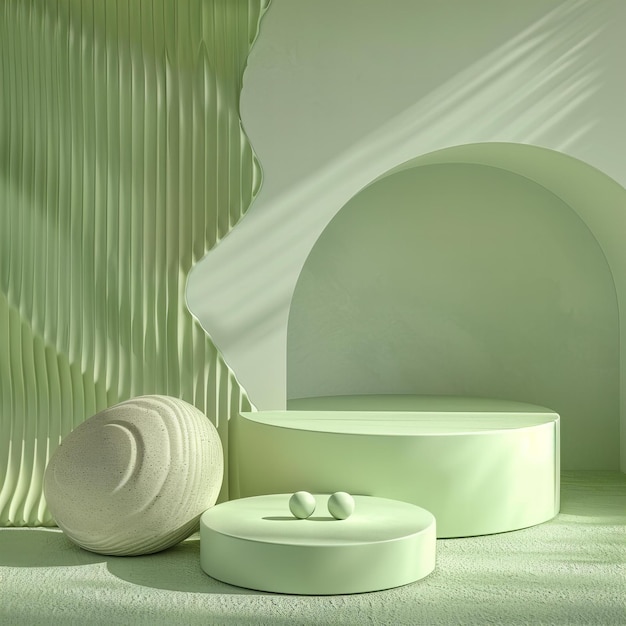 Минималистская современная экспозиция продуктов с зеленой аркой и пастельными цветами Современное искусство и дизайн