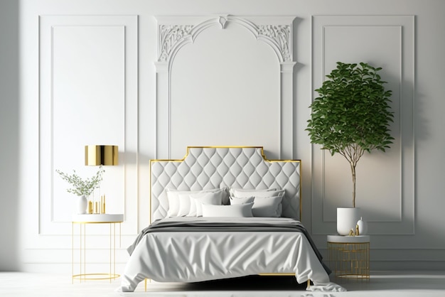 Minimalist modern white bedroom Cozy white and grey room minimal concept bed with a lot of pillows white walls and green plants 3d rendering AI generated image