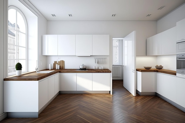 Premium Photo | Minimalist modern white kitchen with wooden floor ...