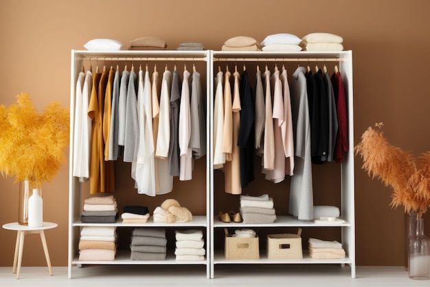 Minimalist monochromatic wardrobe Closet filled with clothing neatly organized Generative AI illustration