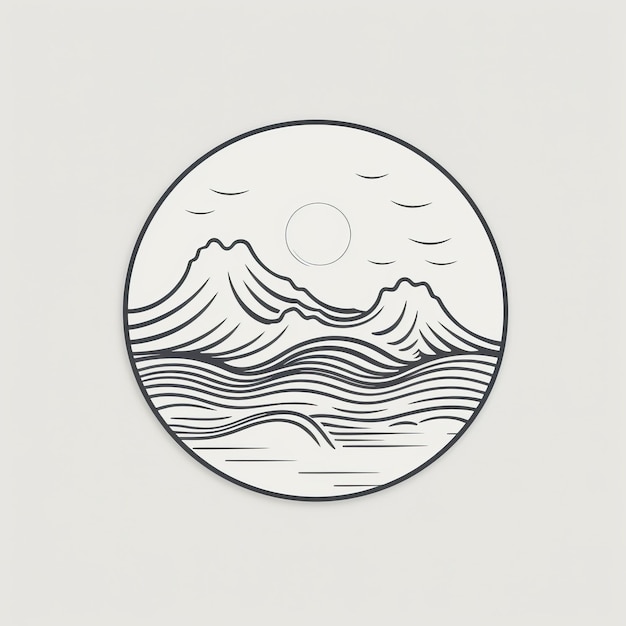 Minimalist Monochrome Ocean Waves And Mountains Circle Illustration