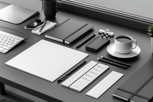 Minimalist monochrome stationery set mockup created with generative ai