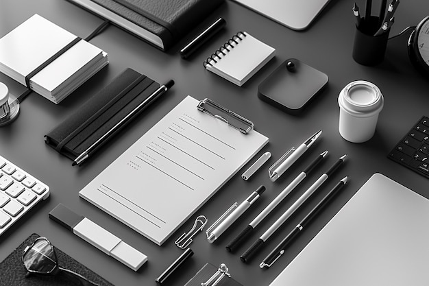 Photo minimalist monochrome stationery set mockup created with generative ai