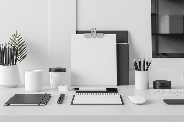 Foto mockup di un set di articoli di cancelleria monocromatici minimalisti creati con ai generativa