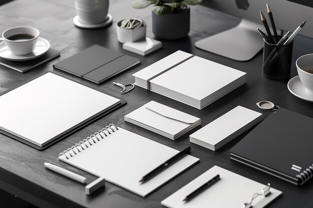 Minimalist monochrome stationery set mockup created with generative ai