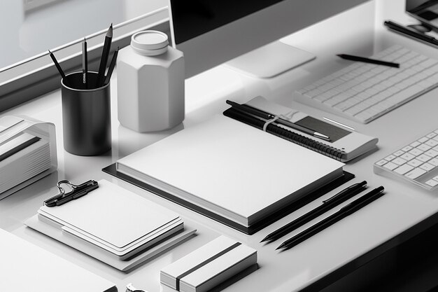 Photo minimalist monochrome stationery set mockup created with generative ai