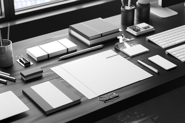 Photo minimalist monochrome stationery set mockup created with generative ai