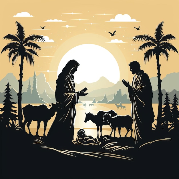 Minimalist nativity scene stencil white background vector style photo image