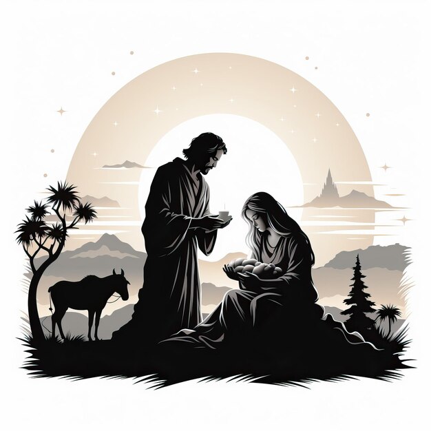 Minimalist nativity scene stencil white background vector style photo image