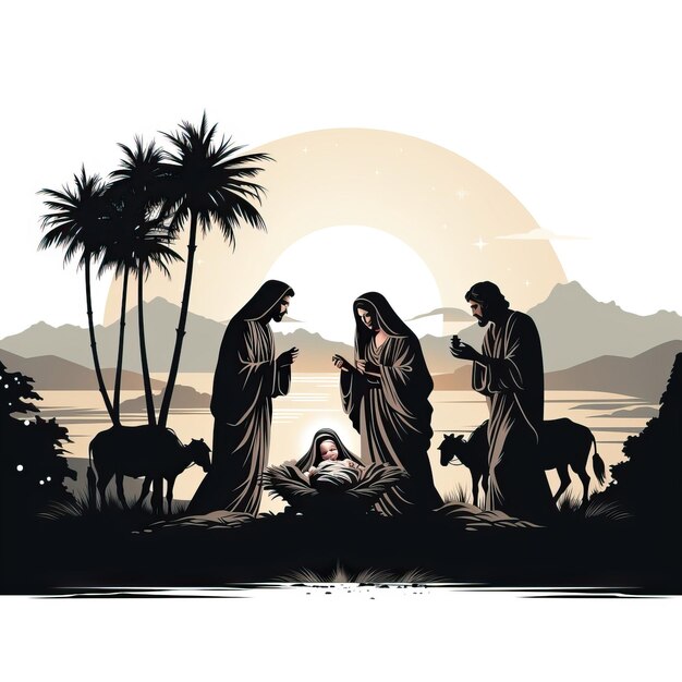 Minimalist nativity scene stencil white background vector style photo image