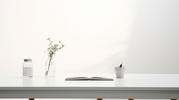 Minimalist Nature Study White Table With Books And Flowers