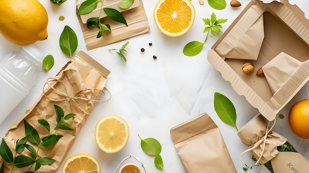 Minimalist Nature Study with Paper Packages and Fruits