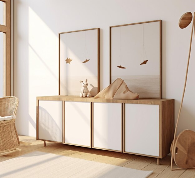 Minimalist nursery interior with posters and wooden cabinet