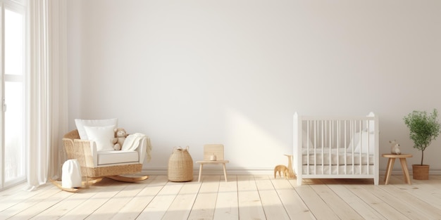 소년 또는 소녀를 위한 미니멀리즘 유치실 아기 방 인테리어는 부드러운 파스텔 색으로 스칸디나비아 스타일