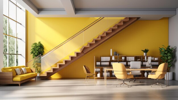 Minimalist office interior with clean lines a wooden staircase and vibrant yellow accents