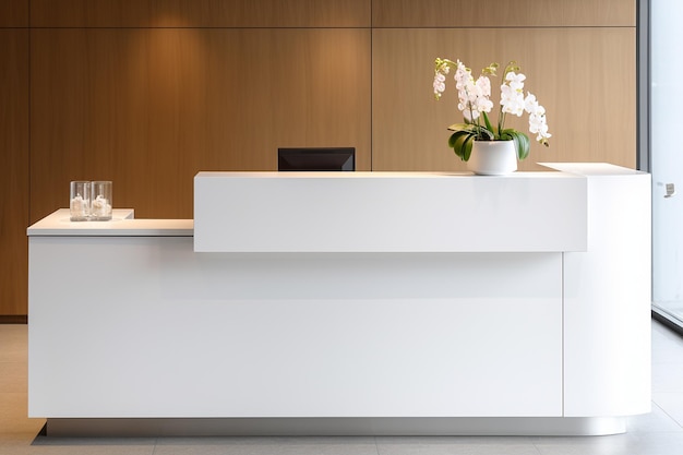 Foto scrivania di accoglienza per ufficio minimalista con linee pulite e colori neutri