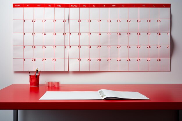 Minimalist office reception desk with a stack of branded calendars